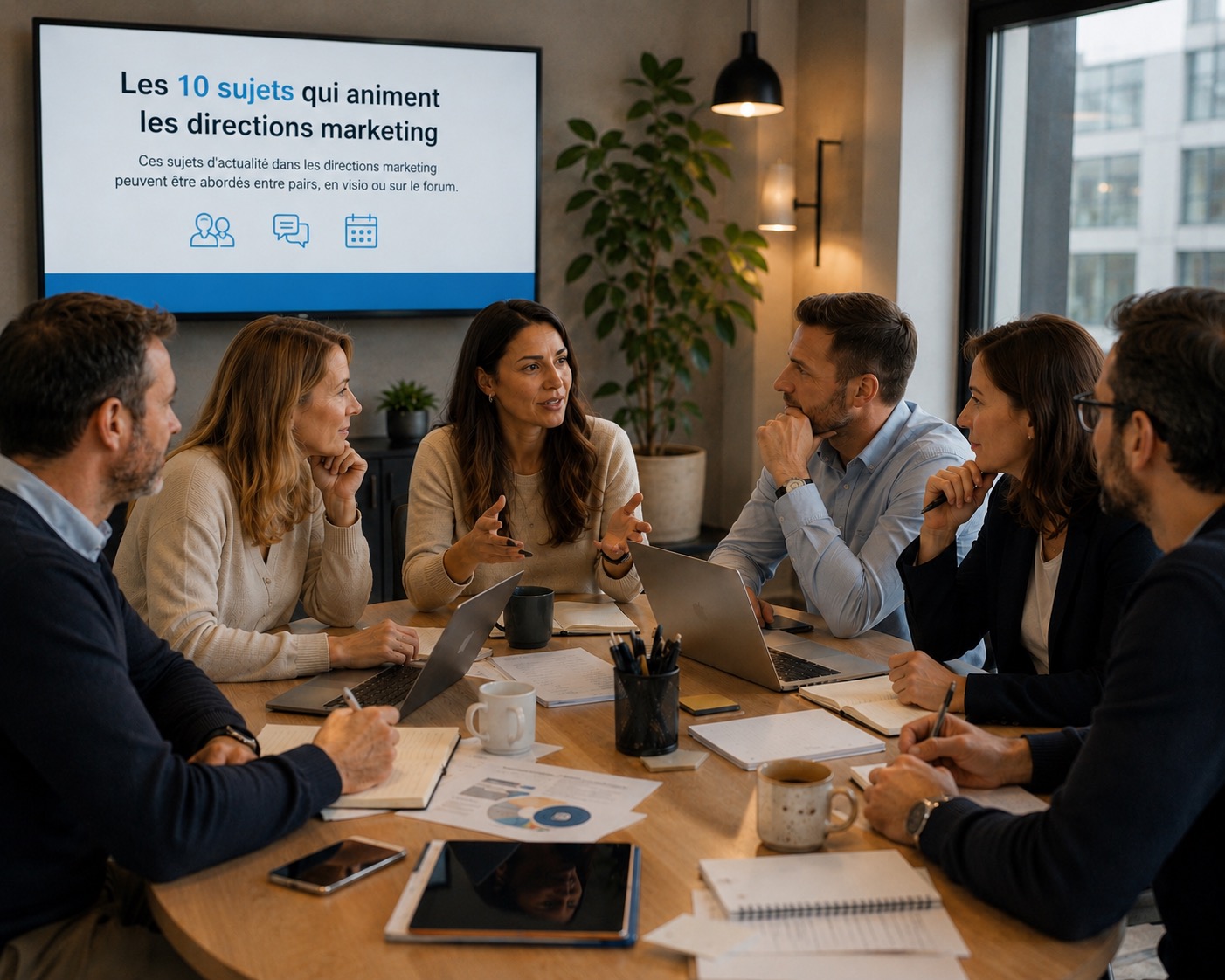 Directeurs et directrices marketing en échange autour d'une table, écran « Marketing Leadership »