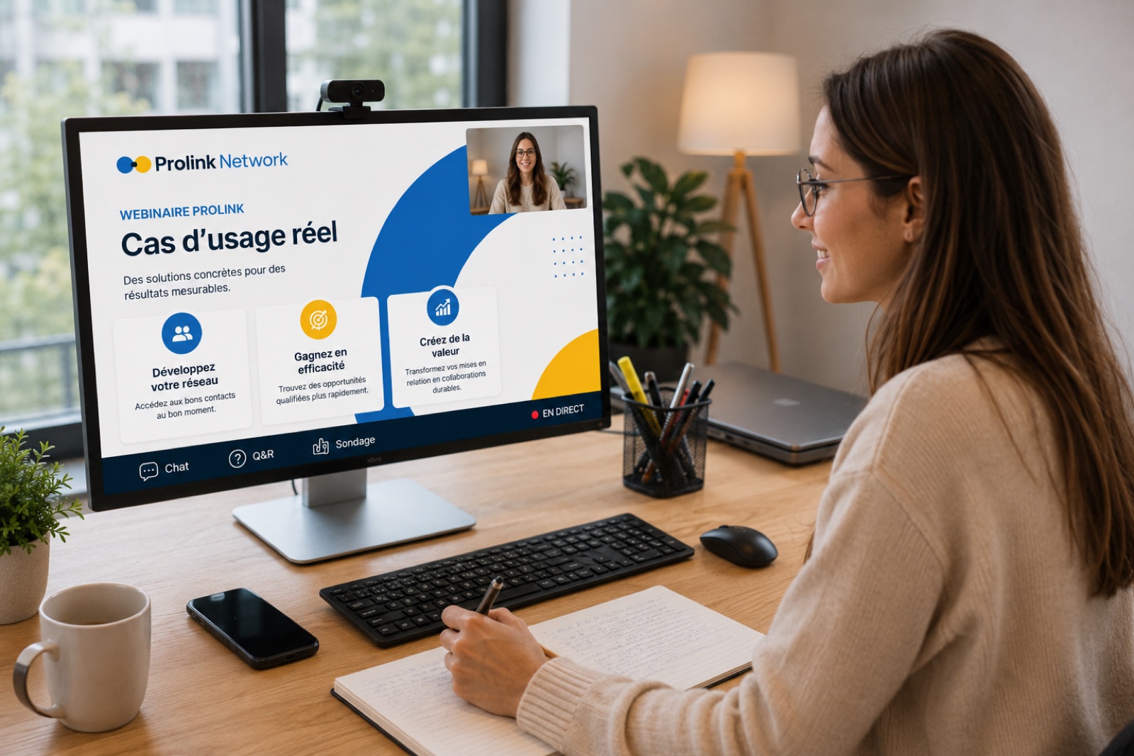 Décideuse suivant un webinaire Prolink « Cas d'usage réel » en visio