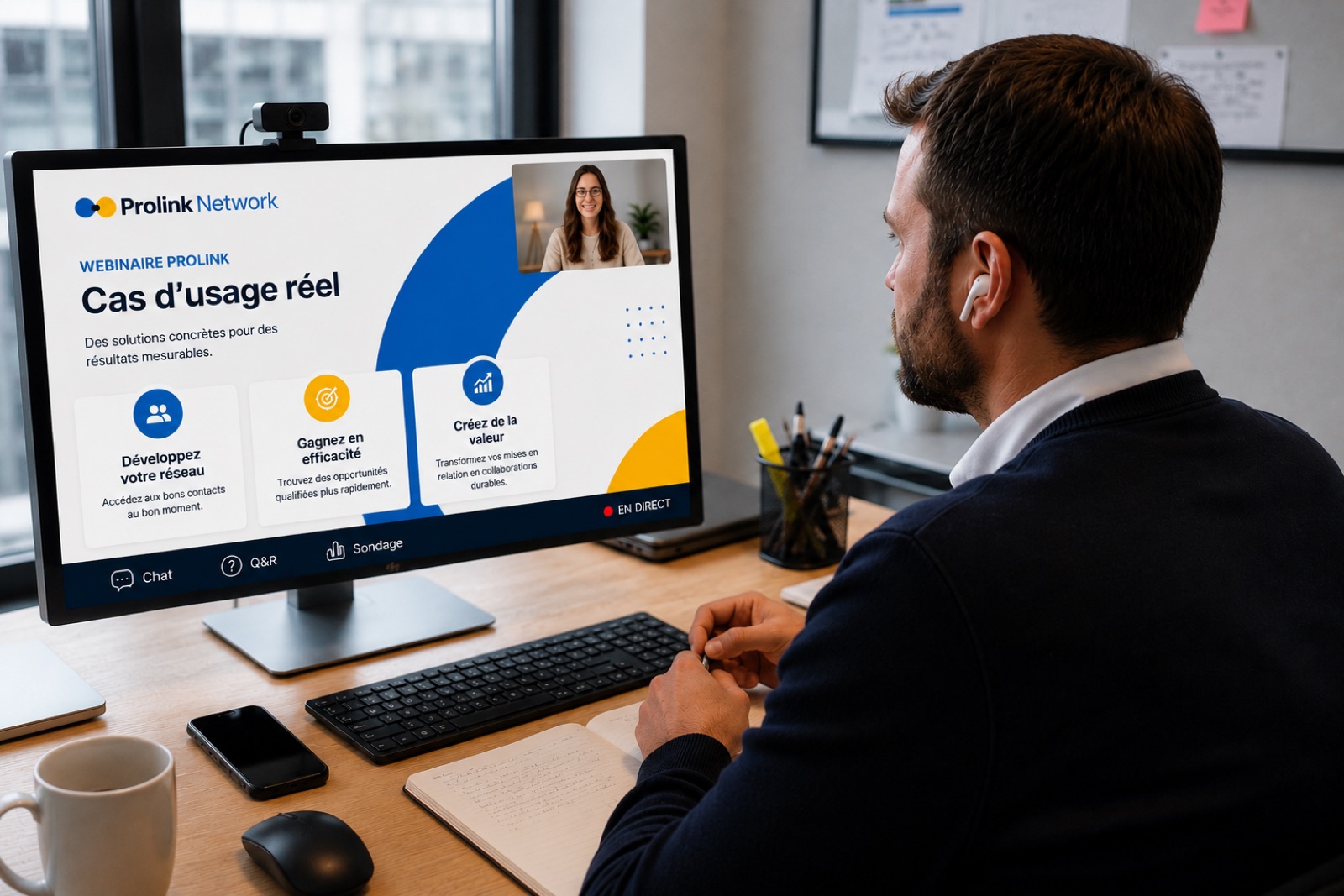 Décideur suivant un webinaire Prolink « Cas d'usage réel » en visio